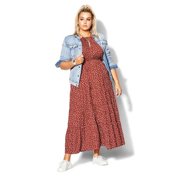 NWT City Chic Tier Spot Maxi Dress Women's Size XXL/24 Toffee Halter Neck Ruffle - Picture 1 of 10